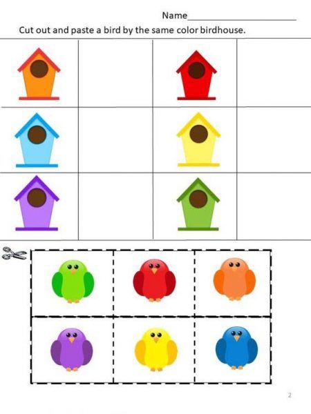 the cut out and pasted bird by the same color birdhouse worksheet