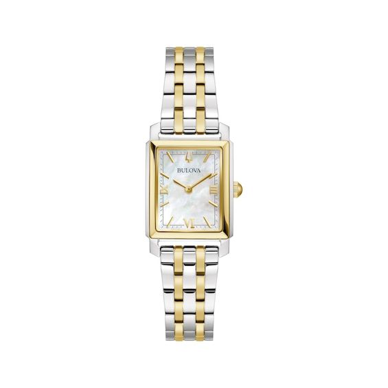 Perfectly styled for the woman who is ready to make a statement, this Bulova Sutton quartz timepiece adds a new dimension to your look. The 21mm rectangular stainless steel case has a gold-tone bezel and white mother-of-pearl dial Features include gold-tone hands and markers and a curved mineral crystal The two-toned stainless steel bracelet secures with a push-button deployment closure Water-resistant to 30 meters Best Watches Women Nordstrom, Classic Watch Women, Bulova Watches, Fan Jewelry, Eternity Ring Gold, Stackable Rings Silver, New Dimension, Jewelry Lookbook, Classic Watches