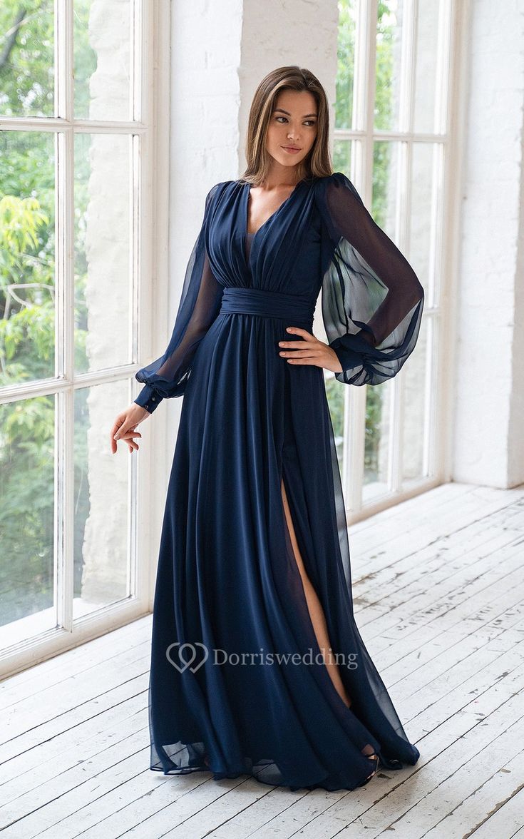 A-Line V-neck Long Ilusion Sleeve Empire Floor Length Chiffon Dress with Split Front - Dorris Wedding Elegant Sheer V-neck Maxi Dress, Sheer V-neck Maxi Dress For Formal Occasions, Elegant Sheer V-neck Dresses, Blue V-neck Dress With Sheer Sleeves, Formal Chiffon Dress With Sheer Long Sleeves, Elegant Chiffon Maxi Dress With Sheer Sleeves, Elegant Chiffon Dress With Sheer Sleeves And V-neck, Long Sleeve Chiffon Dress For Formal Occasions, Chiffon Cocktail Dress With Sheer Sleeves