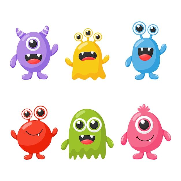 four different colored monsters with big eyes