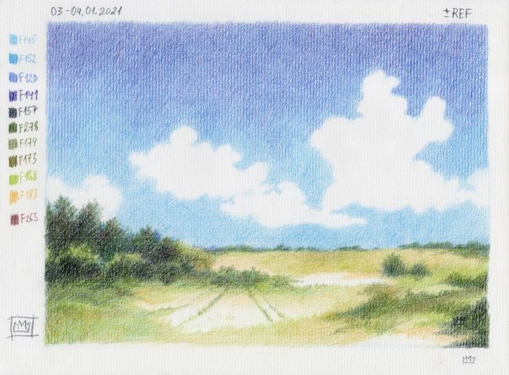 a drawing of a landscape with trees and clouds