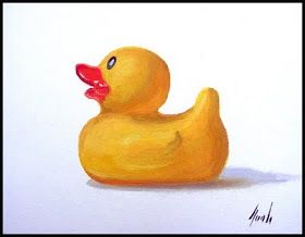 a painting of a yellow rubber ducky with a red ribbon around its neck and mouth