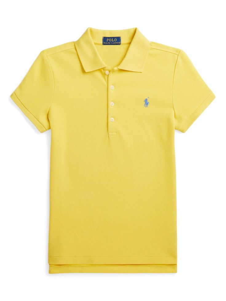 yellow/blue stretch-cotton signature Polo Pony motif polo collar front button placket short sleeves straight hem Fitted Yellow Polo Shirt For Summer, Solid Spring Polo Shirt With Button Closure, Solid Polo Shirt With Button Closure For Spring, Spring Solid Polo Shirt With Collared Neckline, Yellow Collared Polo Shirt For Summer, Fitted Yellow Polo Shirt For Spring, Fitted Polo Shirt With Button Closure For Spring, Summer Yellow Polo Shirt With Polo Collar, Yellow Polo Shirt With Collar For Summer