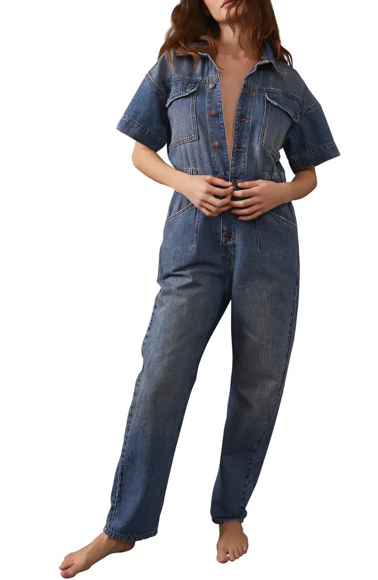 Free People We the Free Marci Denim Jumpsuit | Nordstrom Slouchy Jumpsuit, Women's Overalls, Overalls Denim, Denim Jumpsuits, Short Overalls, Floral Print Jumpsuit, High Noon, Designer Jumpsuits, Womens Capris