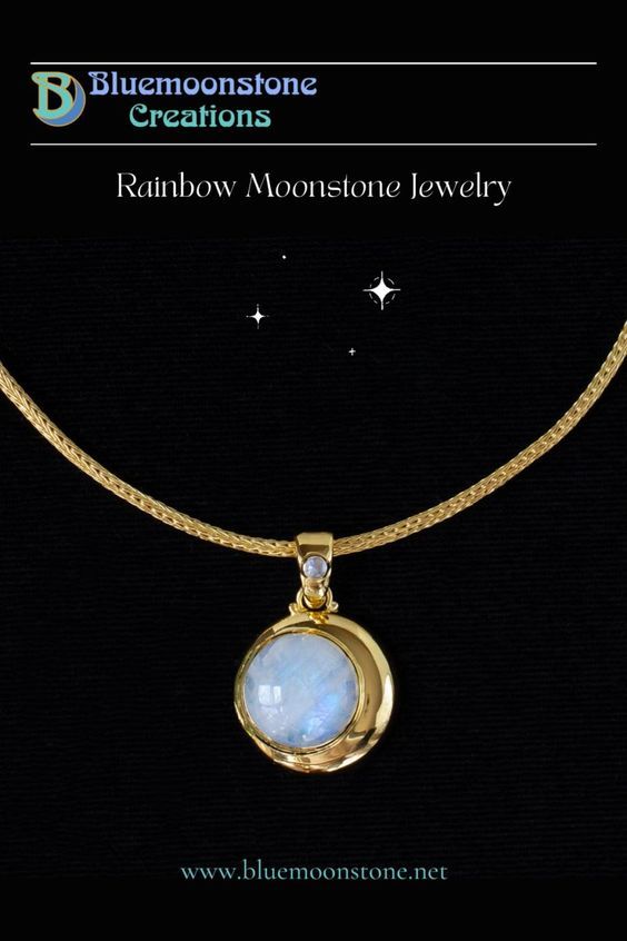 Rainbow Moonstone jewelry handcrafted in 18K Gold Vermeil by Bluemoonstone Creations. Visit our website to see our full collection of fine handcrafted jewelry! Gold Moonstone Necklace With Moon Charm, Gold Moonstone Round Necklaces, Round Gold Moonstone Necklaces, Crescent Moonstone Gold Jewelry, Celestial Moonstone Jewelry In Yellow Gold, Gold Moonstone Jewelry With Moon Phase, Gold Moon Shaped Gemstone Necklace, Celestial Gold Necklace With Moonstone, Celestial Moonstone Yellow Gold Jewelry