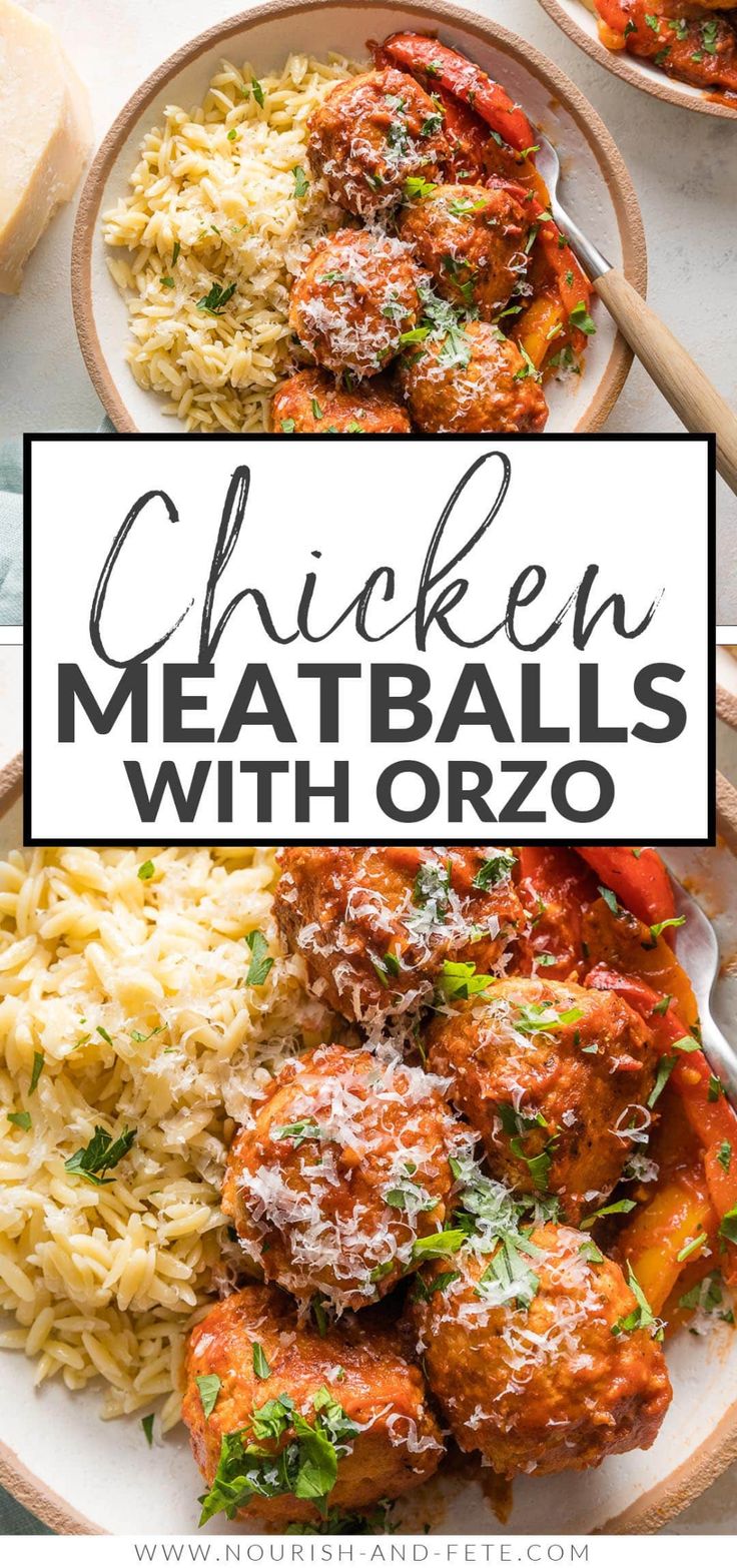 chicken meatballs with orzo served on a plate