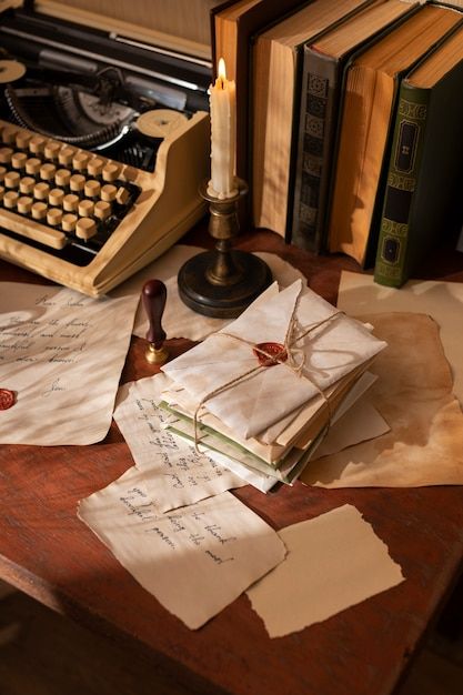 an old fashioned typewriter sitting on top of a desk next to papers and candles