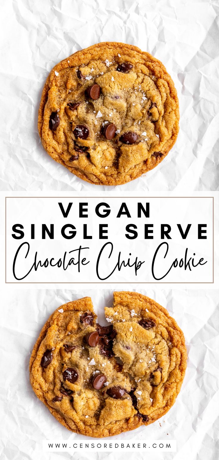 two chocolate chip cookies with the words vegan singles serve above them