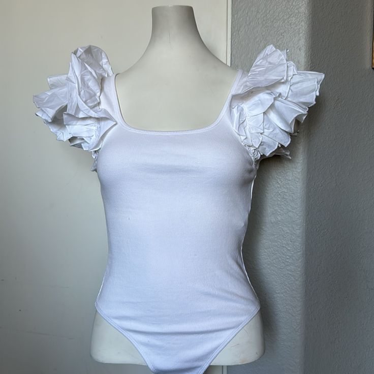 Brand New With Tags! Size M Chic Summer Bodysuit, Trendy Fitted Bodysuit With Ruffles, Elegant Fitted Ruffles Bodysuit, Elegant Fitted Ruffle Bodysuit, Chic Fitted Ruffled Bodysuit, Chic Fitted Ruffles Bodysuit, Elegant Fitted Bodysuit With Ruffles, Chic Fitted Bodysuit With Ruffles, White Feminine Stretch Bodysuit