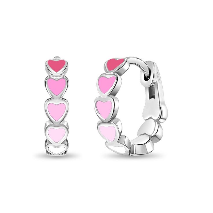 A lovely pair of hoop earrings beautifully designed with a fun and vibrant enamel heart detailing that will make your little girl instantly smile. This beautiful enamel heart huggie hoops feature a beautiful enamel colors to show off the small hearts in a fun and unique way. These beautiful hinged hoops are crafted from a 925 sterling silver, so it is safe and comfortable for young girls. Packed in a cute gift box for easy gifting. Pink Huggie Heart Earrings As Gift, Valentine's Day Cute Huggie Hoop Earrings, Pink Huggie Heart Earrings For Valentine's Day, Pink Huggie Jewelry With Heart Charm, Pink Heart-shaped Hoop Earrings For Gifts, Wedding Bands For Him, Cute Gift Boxes, Waterproof Jewelry, Colorful Earrings