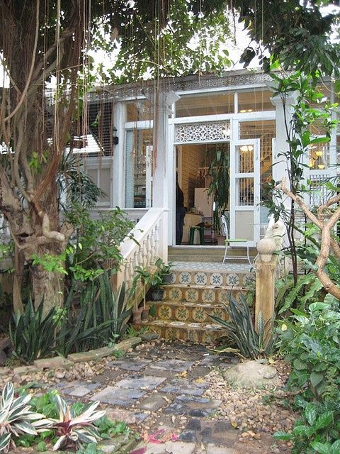 the entrance to a house with steps leading up to it and plants growing on either side