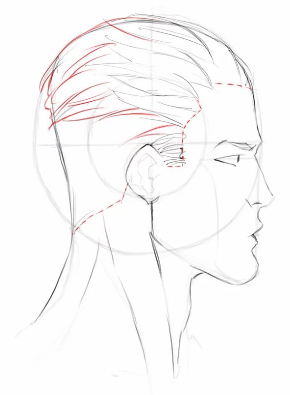 a drawing of a man's face with lines drawn on the side of his head