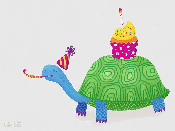 a painting of a turtle with a birthday hat on it's head and a cake sitting on its back