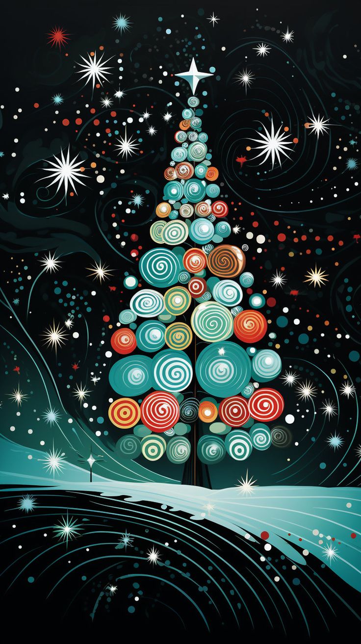 a colorful christmas tree with stars and swirls on the top, in front of a black background