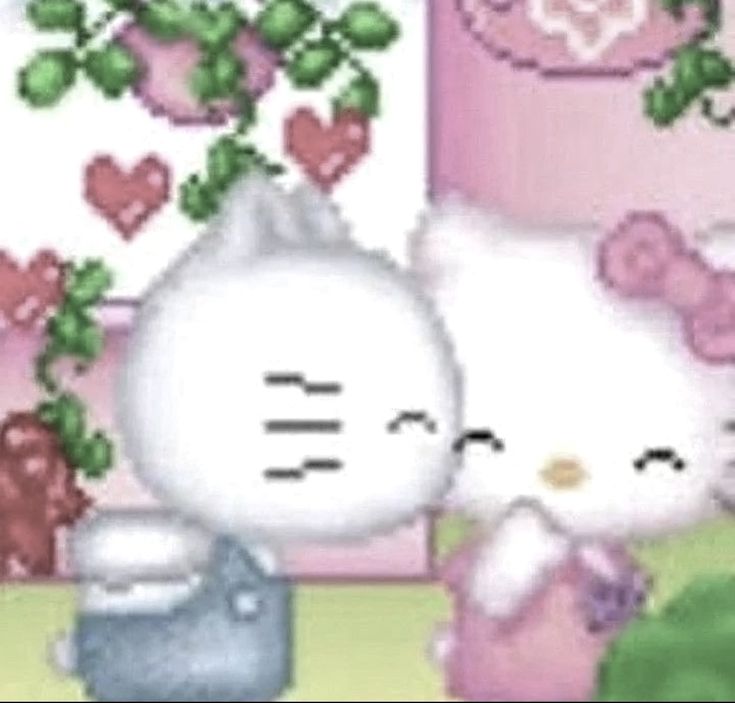 the hello kitty wallpaper is pink and has hearts on it's back side