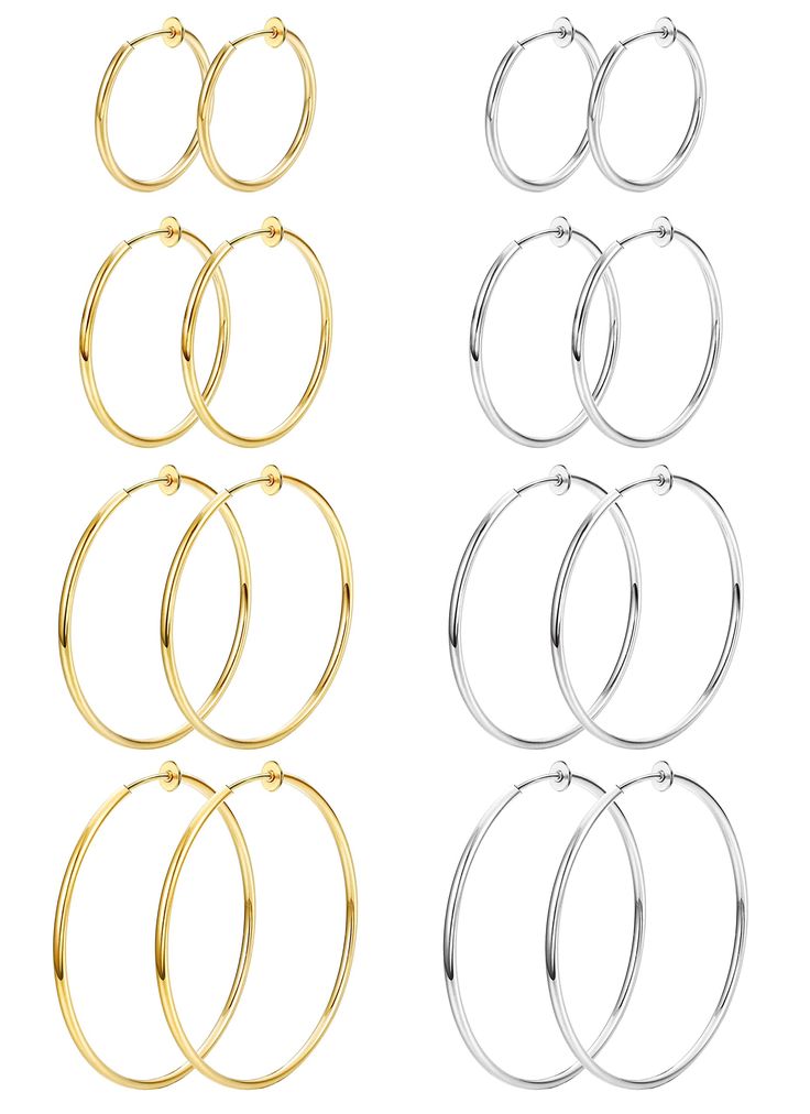 PRICES MAY VARY. ❤CLIP ON HOOP EARRINGS:Come with 8 Pairs Clip On Hoop Earrings,These Fashionable Clip On Hoop Earrings are Specially Designed for People Who Without Pierced Ears,You can Enjoy the Fun of Wearing Earrings Even If don't have Piercing. ❤MULTIPLE SIZE:Clip On Hoop Earrings Have 2 colors(Silver/Gold),Size Include Small Clip On Hoop Earrings 15mm (0.6 inch),Medium Fake Hoop Earrings 30mm (1.2 inch),Large Spring Hoop Earrings 40mm (1.5 inch),Extra Clip On Earring 60mm (2.3 inch),You Ca Cheap Nickel Free Costume Earrings, What Earrings Can You Wear With Tracksuit, Cute Earrings Hoops Simple, Cheap Tarnish Resistant Hoop Earrings As Gift, Cheap Tarnish Resistant Round Hoop Earrings, Earrings H, Cheap Tarnish Resistant Hoop Earrings For Formal Events, Earrings No Hoop, Small Stainless Steel Hoop Earrings