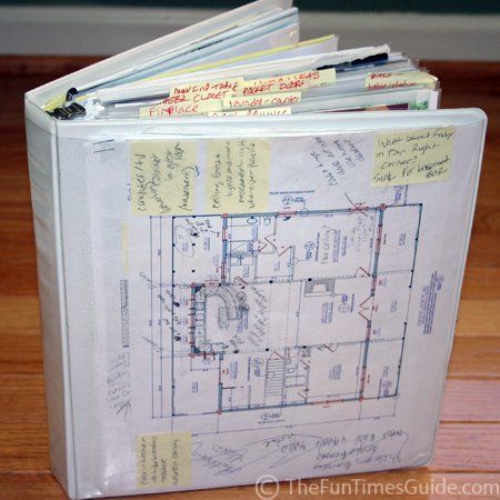 a binder with notes on it sitting on top of a wooden floor next to a wall