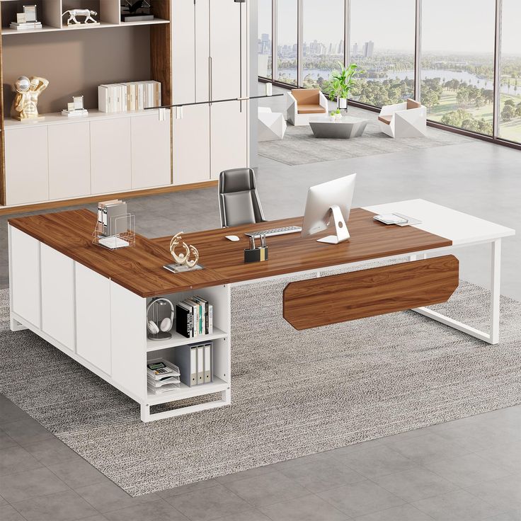 an office desk with open shelving units in front of a large window overlooking the city