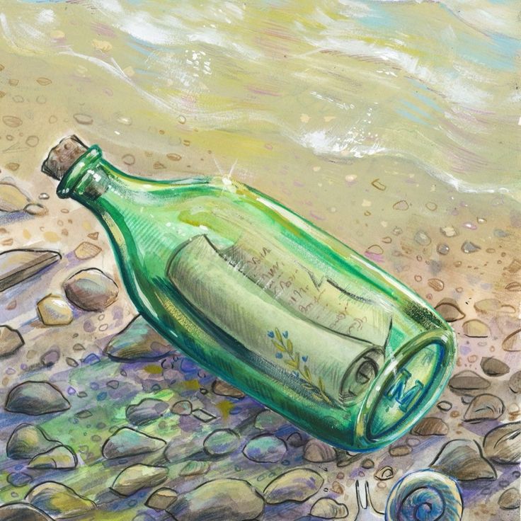 a green bottle sitting on top of a beach next to rocks and pebbles with water in the background