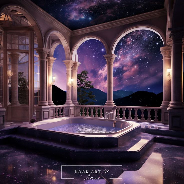 an indoor jacuzzi tub in the middle of a room with windows and stars above it