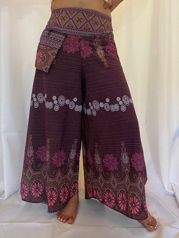 "Waist: Approx.19\" to 38\" Hips: Approx. 19\" to 38\" Length: Approx.37\" Material : 100% Organic cotton This Cotton Plazzo Pant with Hand Embroidery has the adjustable waist with elastic and fits most sizes and is perfect for practising yoga , dancing and can be dressed up. The embroidery on the top can be little different as it is hand embroidery. WE GLADLY ACCEPT FREE RETURNS" Bohemian Brown Pants With Pockets, Brown Bohemian Pants For Festival, Bohemian Brown Pants For Festival, Hippie Style Brown Bottoms For Festival, Brown Hippie Bottoms For Festival, Hippie Style Brown Festival Bottoms, Hippie Style Wide Leg Pink Bottoms, Hippie Wide Leg Pink Bottoms, Hippie Wide Leg Pink Pants