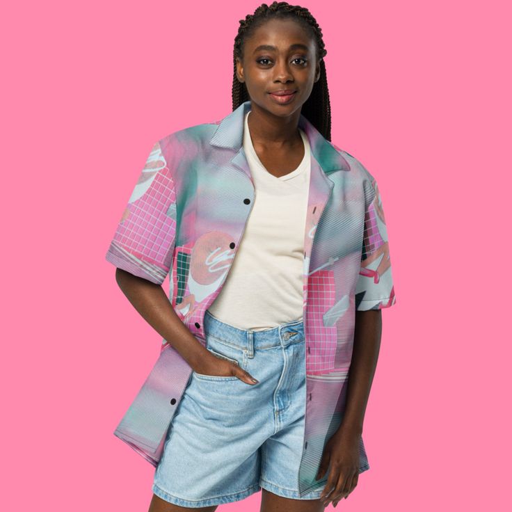 Check out this bold button-down shirt with a trendy oversized fit, that works well for outfit layering! 🌈 Vaporwave Pixel Art Button Down Shirt: "Unboxing" Series 🕹️ Elevate your wardrobe with this unique and stylish button-down shirt, perfect for those who value fashion, art, and sustainability. 🎨 Design Essence: Artistic Blend: Incorporating elements from the "Unboxing" art series, this shirt is a masterpiece of abstract and contemporary design. Vibrant Color Palette: Pastel hues combined w Spring Button-up Camp Shirt For Streetwear, Trendy Oversized Multicolor Shirt, Retro Hawaiian Shirt For Spring With Relaxed Fit, 90s Style Relaxed Fit Button-up Top, Retro Relaxed Fit Hawaiian Shirt For Spring, Retro Spring Hawaiian Shirt With Relaxed Fit, Retro Hawaiian Shirt For Spring, Trendy Camp Shirt With Camp Collar For Spring, Trendy Collared Camp Shirt For Spring