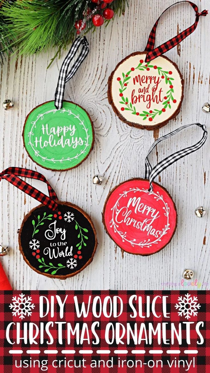 diy wood slice christmas ornaments with text overlay