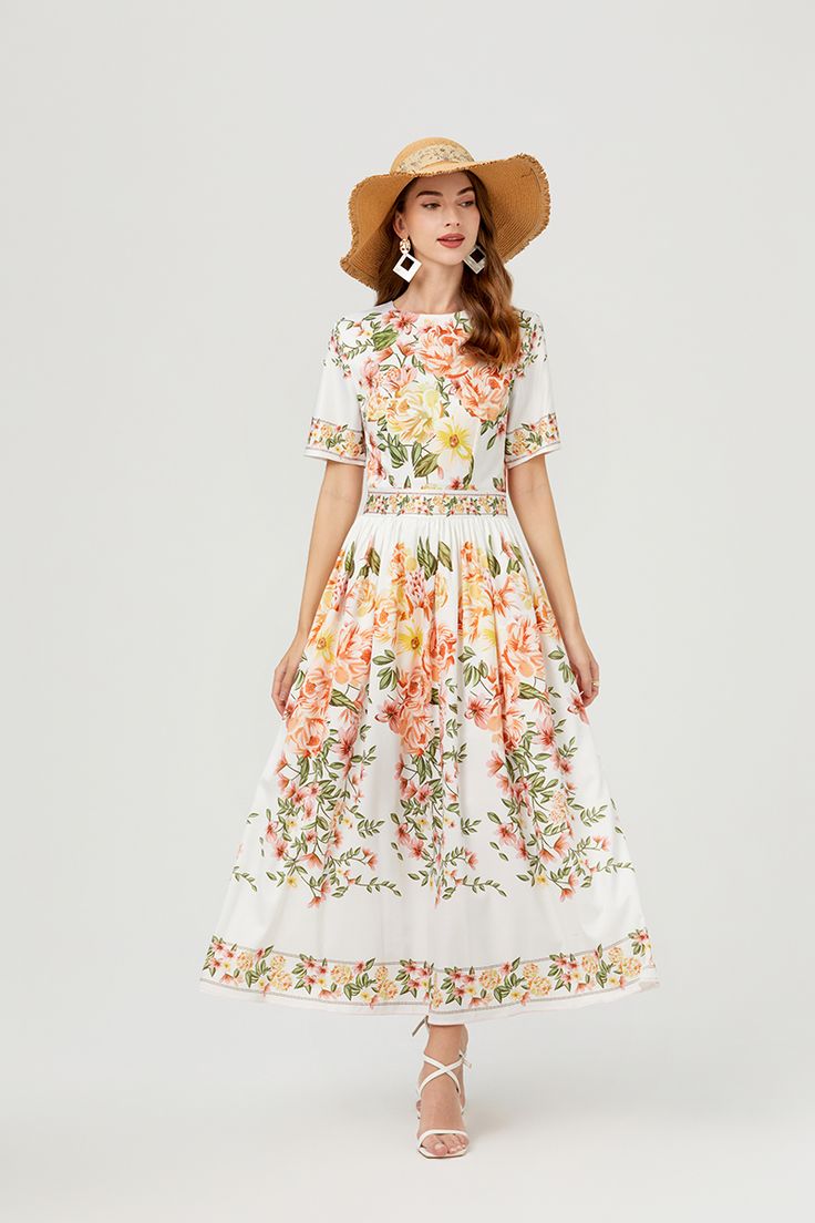 F00257217-105 Spring Feminine A-line Dress, Feminine A-line Spring Dress, Spring Maxi Dress With Full Skirt, Spring A-line Midi Dress For Garden Party, Spring Dress With Full Skirt, Spring Floral Print Fit And Flare Midi Dress, Floral Print Fit And Flare Midi Dress For Spring, Spring Fit And Flare Midi Dress With Floral Print, Spring Fitted Midi Dress With Wide Hem