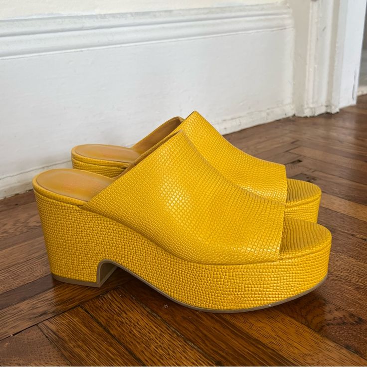 Brand New Nwt Charlotte Stone Ellery Platform Sandals In Color Tejus Yolk Completely Unworn/Unused Originally Purchased For $248 Yellow Synthetic Mules With Round Toe, Modern Yellow High Heel Sandals, Yellow Platform Sandals With Open Heel, Yellow Open Toe Synthetic Mules, Yellow Leather Closed Toe Mules, Chic Yellow Mules With Open Heel, Chic Yellow Open Heel Mules, Modern Yellow Open Toe Heels, Yellow Closed Toe Platform Heels