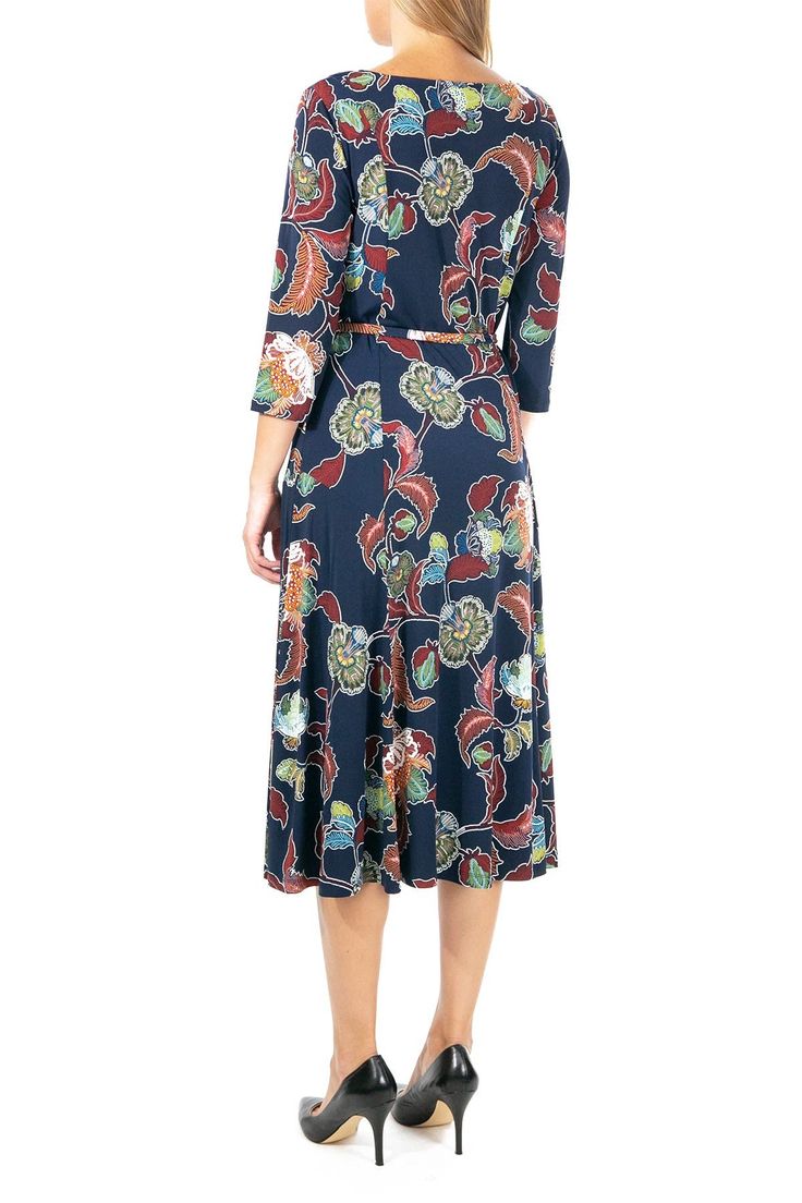 Cinched at the waist and printed throughout, a midi dress offers an elevated sophisticated style. Fit: this style fits true to size. Scoop neck. 3/4 sleeves. Slips on over head. Floral printed allover. Waist tie attached. Approx. 49" length (size S). Imported Knee-length Floral Midi Dress With Fitted Waist, Multicolor 3/4 Sleeve Midi Dress For Spring, Spring Multicolor Midi Dress With 3/4 Sleeves, Spring Midi Dress With 3/4 Sleeves And Print, Printed Viscose Midi Dress, Knee-length Floral Midi Dress In Rayon, Blue Floral Print Midi Dress With 3/4 Sleeve, Spring Viscose Dress With 3/4 Sleeves, Fitted Blue Rayon Midi Dress