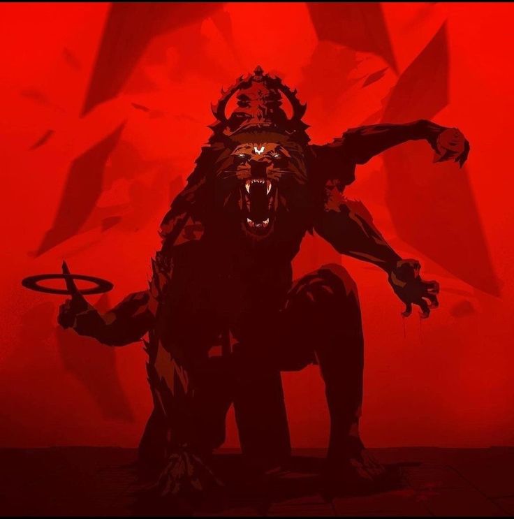 the shadow of a demon sitting in front of a red background