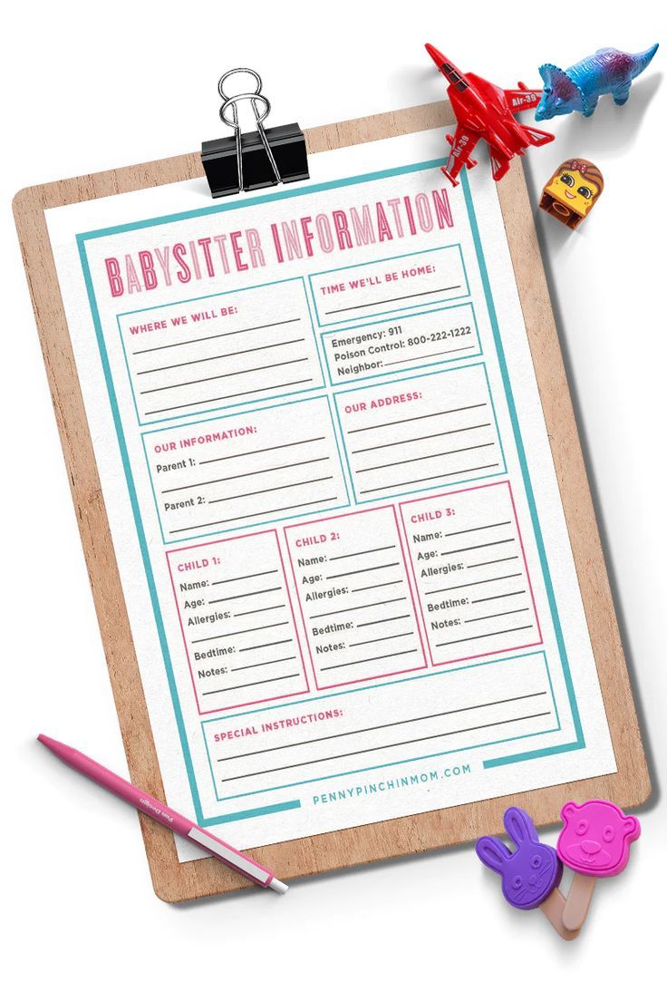 a clipboard with a babysith information sheet on it next to some toys