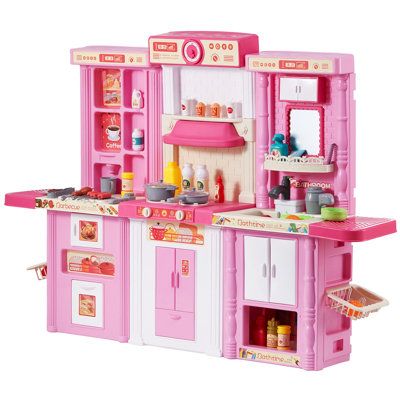 a pink toy kitchen with lots of appliances