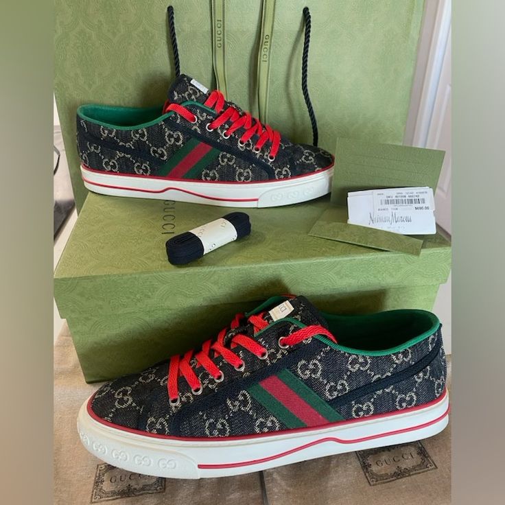 Size 12 Mens. Brand New Condition, Worn Once. Red Laces & Black Interchangeable Laces Included. Includes Box, Receipt, Wrapping Paper & Shoe Dust Bags Limited Edition Gucci Black Sneakers With Logo Print, Black Gucci Sneakers With Logo Print, Designer Red Gucci Sneakers, Paper Shoes, Modern Mural, Shoes Gucci, Real Men, Gucci Shoes, Black Laces