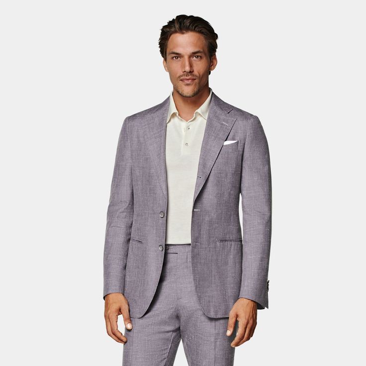 For those special events that call for a standout touch of color, this slim-tailored pale purple Havana suit is sure to be an unforgettable highlight. Elegant Purple Suit With Suit Collar, Classic Purple Blazer For Formal Occasions, Elegant Purple Business Blazer, Spring Purple Fitted Suits, Tailored Purple Suit For Business, Purple Single Breasted Suits For Business, Purple Notch Lapel Suit For Business, Tailored Purple Business Suit, Purple Single-breasted Suits For Business