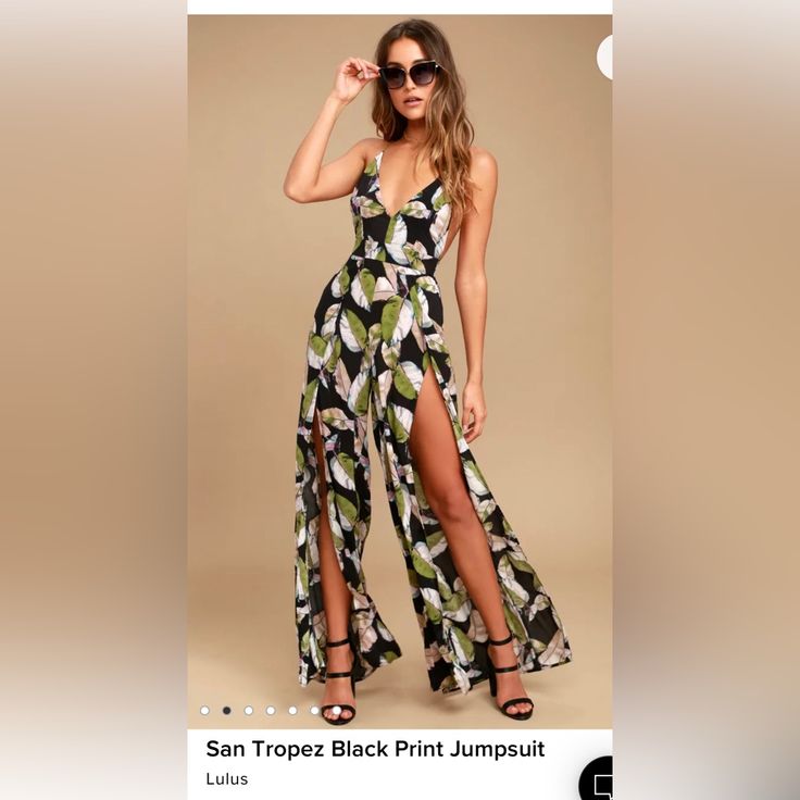 New With Tags Lulus San Tropez Black Print Jumpsuit. Self: 100% Rayon. Lining: 95% Rayon, 5% Spandex. Breezy Woven Rayon In A Green, White, Blue, And Purple Leaf Print Falls From Skinny Straps That Crisscross And Tie At Back, Into A Darted, Triangle Bodice. Banded Waist Tops High-Waisted Trousers With Wide, Tulip Legs. Elasticized Open Back With Hidden Zipper. Super Cute Jumpsuit Giving Major Vacay Vibes! Chic Black Printed Jumpsuits And Rompers, Black Printed Jumpsuits And Rompers For Party, Lulu Joggers, Cute Jumpsuit, Velvet Joggers, San Tropez, Burgundy Pants, Vacay Vibes, Black Jogger Pants