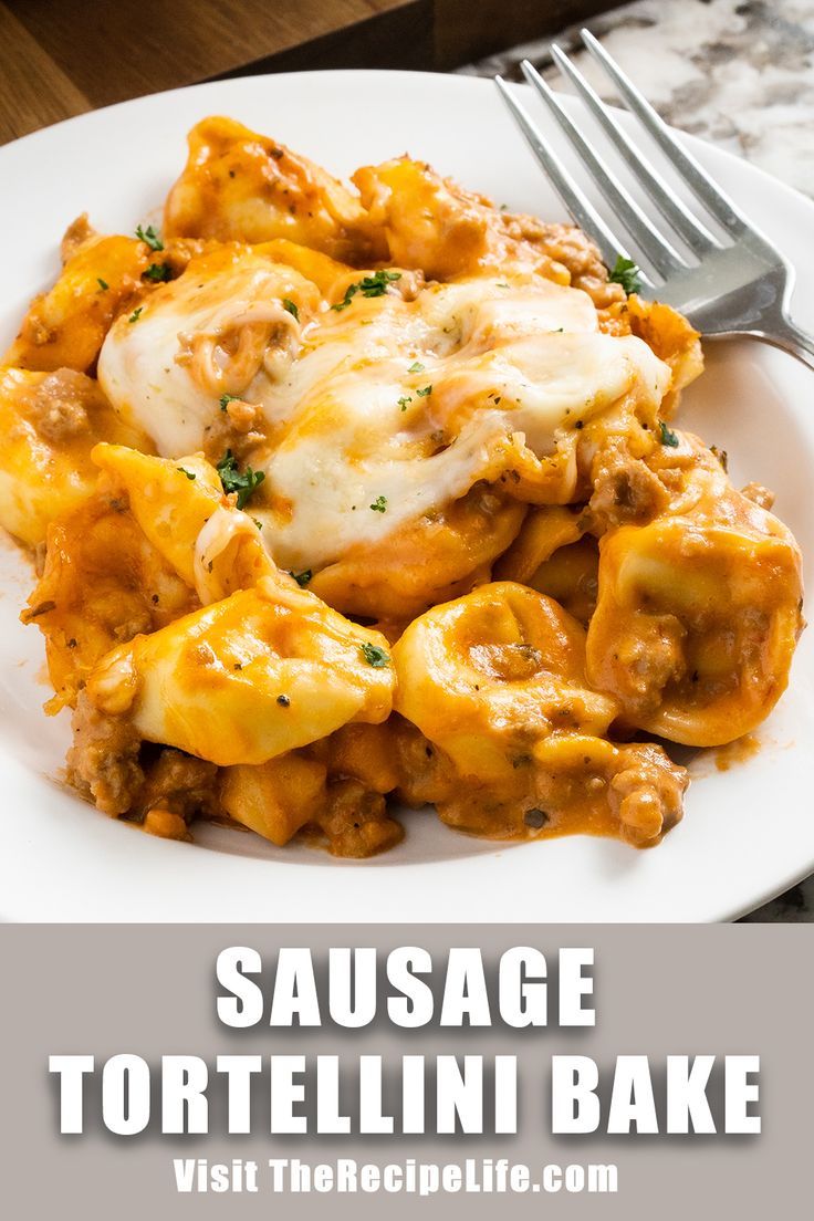 Sausage Tortellini topped with melted cheese plated and ready to eat! Cheese Tortellini Recipes, Ground Sausage Recipes, Tortellini Alfredo, Sausage Recipes For Dinner, Tortellini Bake, Sausage Tortellini, Ziti Recipes, Meat Sauce Recipes, Tortellini Recipes