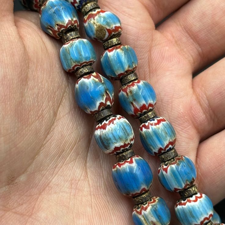 Amazing! Old African trades beads Cyan color pattern glass beads vintage beads African beads Artisan Blue Beaded Bracelets With Round Beads, Artisan Blue Round Beads Gems And Cabochons, Artisan Blue Round Beads, Large Vintage Beads For Jewelry Making, Vintage Large Beads For Jewelry Making, Handmade Vintage Multicolor Beads, Gems, And Cabochons, Bohemian Czech Glass Oval Beads, Bohemian Czech Glass Beads With Large Beads, Vintage Multicolor Spacer Beads