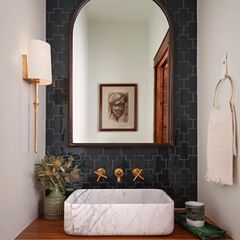 a white sink sitting under a bathroom mirror next to a wooden counter topped with potted plants