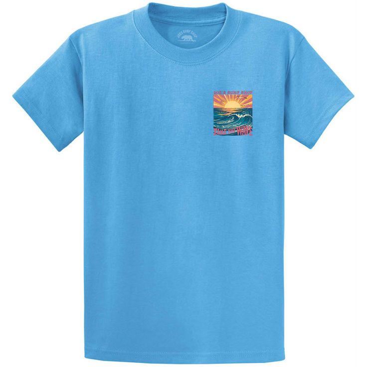 The Joe's Surf Shop Tame the Wave Surf Shirt is one of our most retro tees. This design features an old summer scene of seagulls soaring through the painted orange sky. The vibrant sun is overlooking a perfect wave to cap off a warm summer day. The finishing touch to this logo is the vintage Tame the Wave font. Tame The Wave is the theme of Joe's Surf Shop, whether you are out saltwater fishing or shredding a shore break wave. Classic Heavyweight 6.1-ounce 100% Cotton T-Shirt Printed in the USA Orange Summer Shirt With Screen Print, Blue T-shirt For Summer Adventures In Spring, Blue Crew Neck T-shirt For Summer Adventures, Blue Graphic Print Tops For Summer Adventures, Blue Relaxed Fit T-shirt For Summer Adventures, Blue Summer Shirt With Front Print, Blue Shirt With Front Print For Summer, Blue Cotton Tops For Summer Adventures, Old Summer