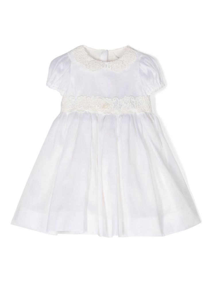 white lace trim bib collar short puff sleeves flared skirt pleat detailing rear zip fastening Party Dress White, Bib Collar, Dolce And Gabbana Kids, White Dress Party, Flared Skirt, Dolce & Gabbana, Dress White, Flare Skirt, Puff Sleeves