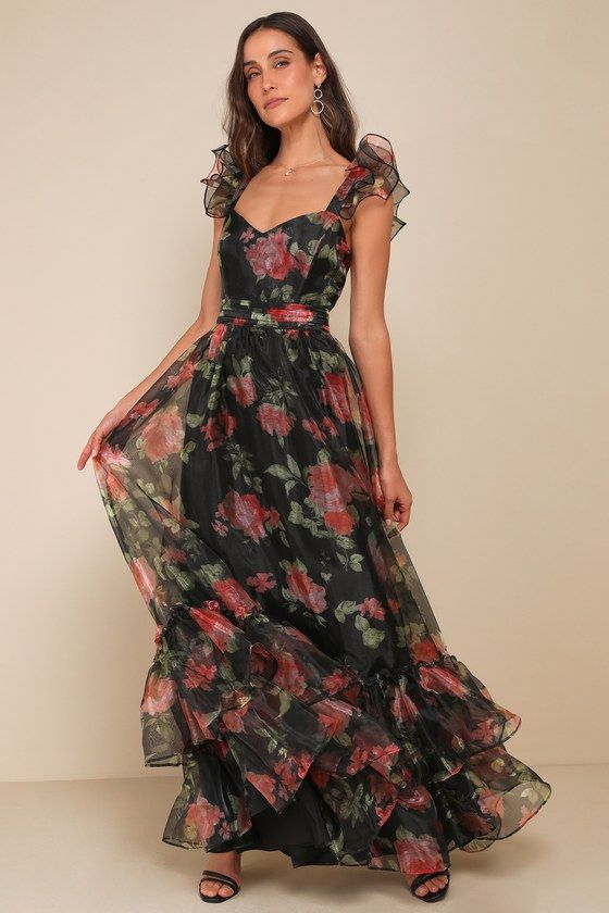 Befitting Glamour Black Floral Organza Ruffled Tiered Maxi Dress Black Tie Optional Wedding Guest Dress, Wedding Guest Dress Black Tie, Black Tie Wedding Guest Dresses, Black Tie Optional Wedding, Black Tie Wedding Guest, Black Tie Wedding Guest Dress, Organza Gown, Ruffled Gown, Long Fitted Dresses