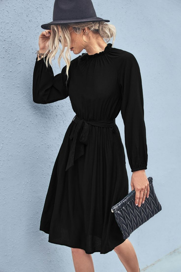 Belted Frill Neck Long Sleeve Dress Casual Dress Patterns, Elegant Dresses Short, Style Noir, Layer Dress, Ribbed Dresses, Chiffon Maxi Dress, Puffed Sleeves Dress, Daily Dress, Long Sleeve Midi