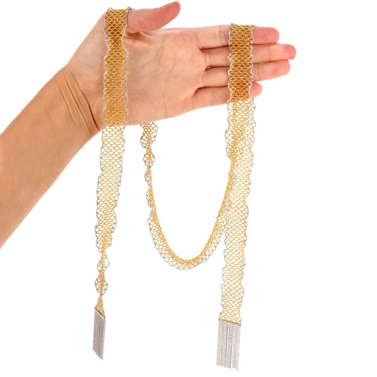 This extra long Italian Made Mesh Scarf necklace is crafted in solid 18k yellow gold with 18k white gold borders. This wrap around bead necklace is 41 inches long and 20 mm wide with 18k white gold tassel at the end. Weight : 107.2 Grams In stock in excellent condition. Gold Beaded Chain Jewelry For Evening, Gold Jewelry With Beaded Chain For Evening, Gold Necklace With Gold Beads For Evening, Elegant Multi-strand Chain Necklace With Gold Beads, Elegant Gold Long Necklace With Beaded Chain, Luxury Gold Beaded Chain Necklace, Luxury Gold Long Chain Necklace, Elegant Yellow Necklace With Gold Beads, Elegant Yellow Jewelry With Chain