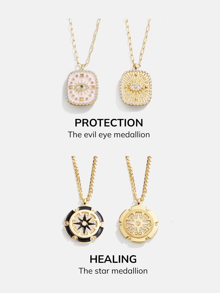 The 18K Gold Evil Eye Medallion Necklace is a reversible pendant piece, symbolizing protection. One side features a white evil eye surrounded by multicolored crystals on a light pink background. The other features a white evil eye with a textured 18K gold plated sterling silver background. The charm is attached to a sleek gold paperclip chain. Choose a side according to your mood that day and wear again and again. Cute Pendant Necklace Charms, Real Gold Jewelry For Women, Evil Eye Jewellery, White Evil Eye, Evil Eye Amulet, Charm Bar, Gold Medallion Necklace, Jewelry Knowledge, Evil Eye Necklace Gold