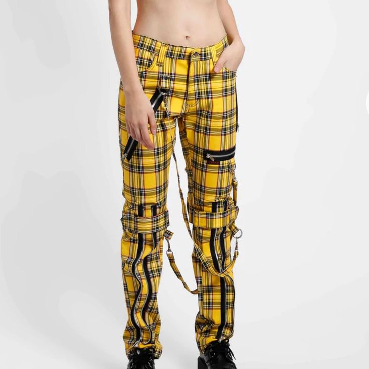 Nwt Unisex Slim Fit // Legs Can Be Zipped For Skinny Yellow Plaid Pants Outfit, Yellow Plaid Pants, Red Cargo Pants, Tripp Nyc Pants, Plaid Pants Outfit, Punk Plaid, Hot Pink Leggings, Tripp Pants, Rave Pants