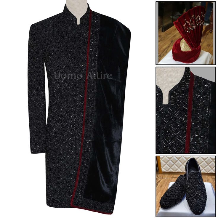 Luxurious Black Embellished Wedding Sherwani for Groom | Black Sherwani Package for Groom Designer Black Embroidered Kurta, Designer Embroidered Black Kurta, Ceremonial Black Kurta With Dabka, Designer Sherwani For Reception In Winter, Designer Black Sets For Winter, Designer Winter Sherwani For Reception, Designer Winter Reception Sherwani, Ceremonial Black Kurta With Dabka Details, Designer Black Kurta With Resham Embroidery