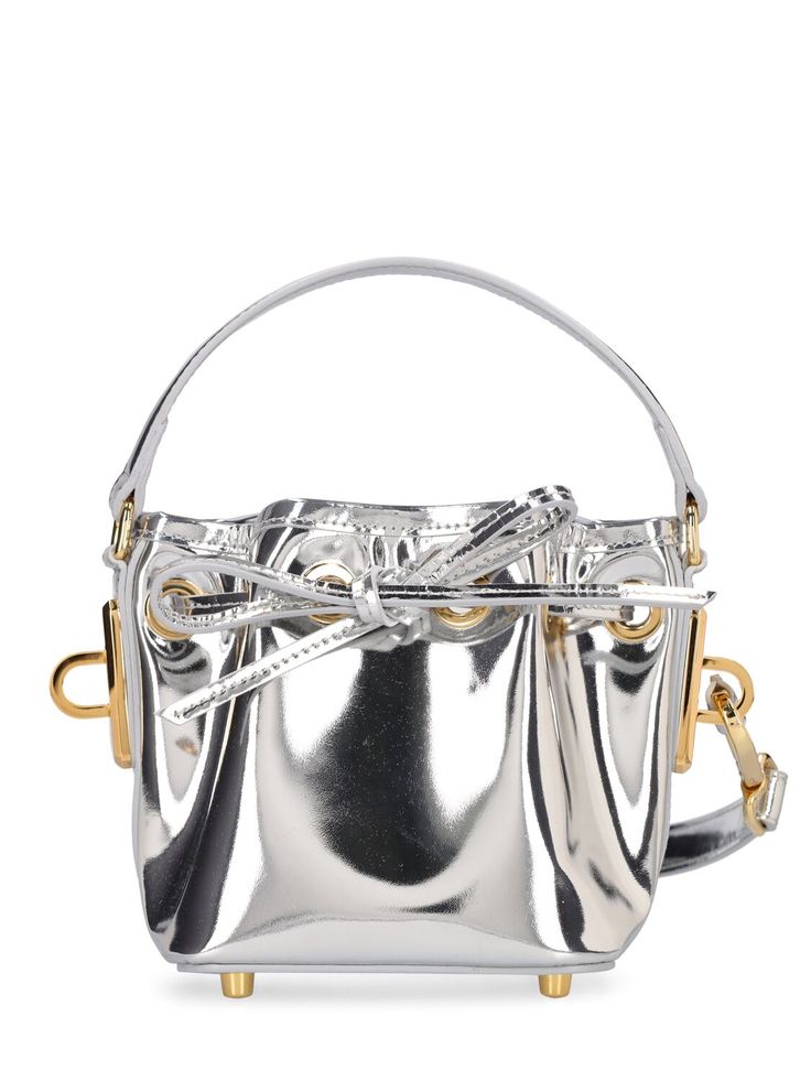 Height: 13cm Width: 12cm Depth: 12cm. Strap drop: 47cm. Handle drop: 7cm. Detachable strap. Single top handle. Drawstring closure. Metal feet at base. Gold-colored metal hardware. Leather lining Designer Handheld Bucket Bag With Handle Drop, Luxury Silver Leather Bucket Bag, Luxury Handheld Bucket Bag With Removable Pouch, Chic Bucket Bag With Silver-tone Hardware And Double Handle, Gold Bucket Bag With Detachable Strap, Gold Bucket Bag With Detachable Strap And Top Handle, Silver Top Handle Shoulder Bag With Detachable Strap, Designer Bucket Satchel For Evening, Trendy Formal Bucket Bag With Detachable Strap