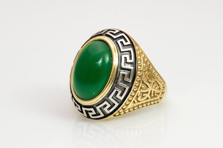 Man Emerald Ring ☼ Statement Gold Ring ☼ Mens Oval Ring ☼ Chunky Man Ring ☼ Greek Key ☼ Ancient Greek Design ☼ Black Onyx Ring ⚓Solid Gold 10k / 14k /18k or sterling silver 925 gold filled ring - Greek Key Man 3D unique design ring Statement Heavy Ring ☛ Ring size as preferred, as it is custom created for you in our workshop. ❏ Material: ✪ Sterling Solid Silver 925 ✪ Solid Gold 9k ✪ 14k ✪ 18k ↔ Yellow Gold ↔ Rose Gold ↔ White Gold ↔ ❏ Dimensions: ► 2.8 x 2.3cm ✔ Goldsmith Workshop Made ✔ See pic Men's Jewelry Rings Gold, Luxury Engraved Green Rings, Green Oval Engraved Rings, Oval Green Engraved Ring As Gift, Oval Green Engraved Ring Gift, Oval Green Engraved Ring For Gift, Gold Man Ring, Medieval Man, Soul Tree