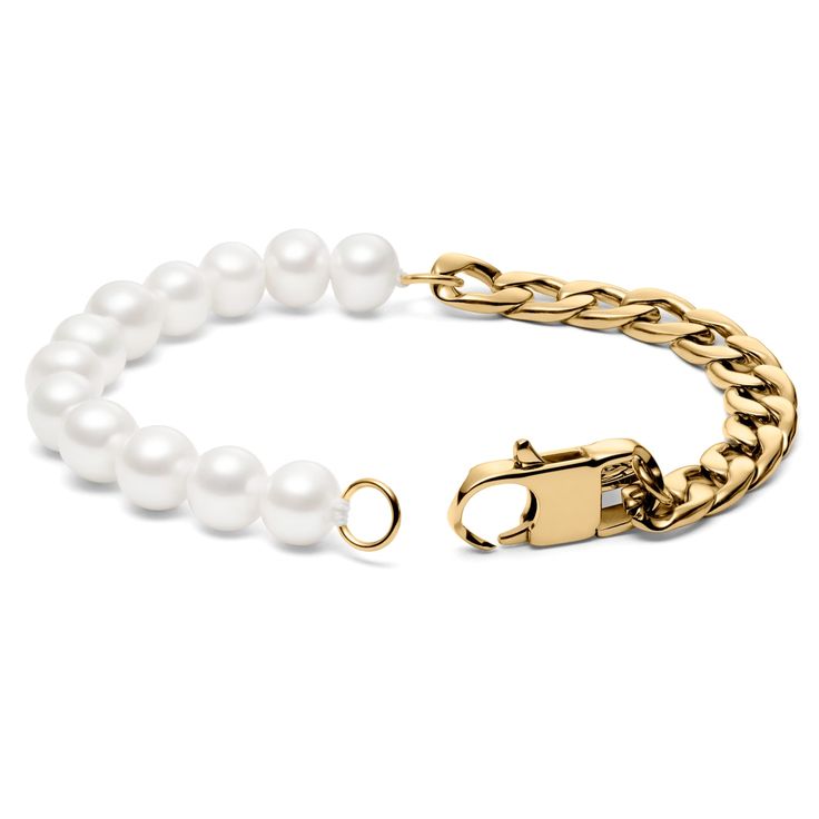 * Gold-tone stainless steel construction
 * Easy-to-use lobster claw clasp
 * White pearls 
 * Curb chain bracelet for men Curb Chain Bracelet, Bracelet For Men, Matching Necklaces, Men Looks, Curb Chain, Steel Construction, Pearl Bracelet, Lobster Claw, Pearl White